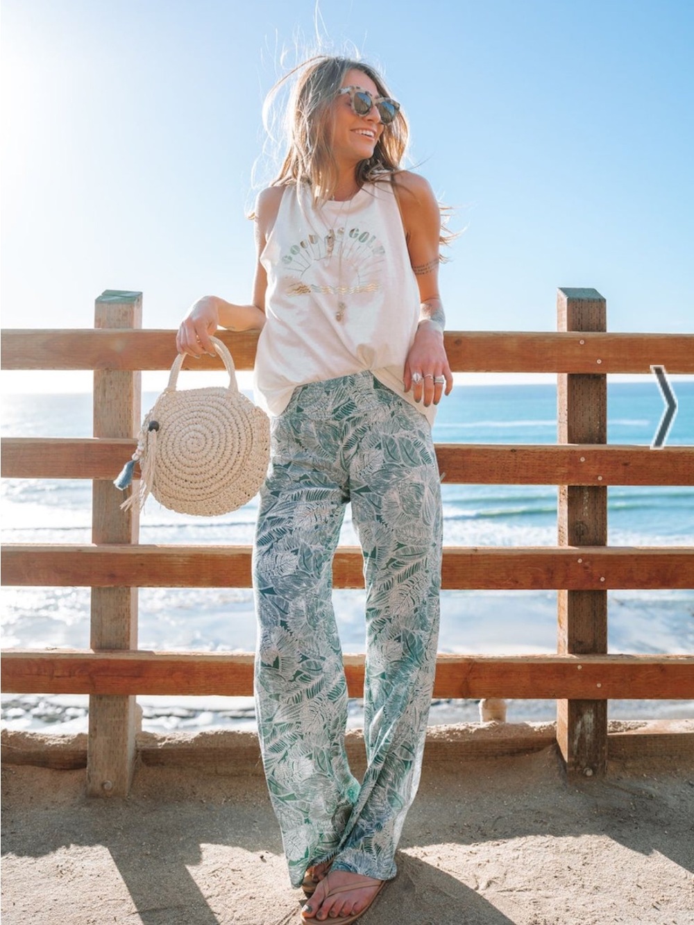 NWT O'Neill Green Tropical Print Wide-Leg Flowy Pants M